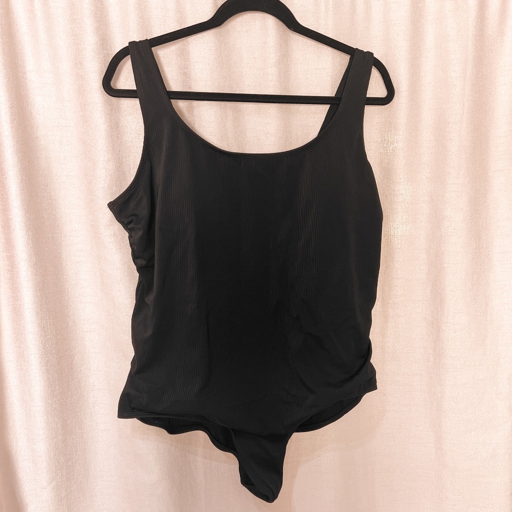 One piece Black Ribbed Bathing Suit Light padding & Elastic Chest Support - 3X